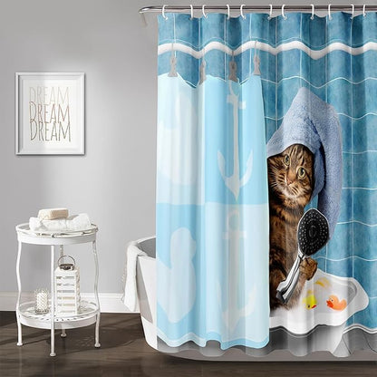 AILONEN Funny Cat Shower Curtain for Kids 48" W*72" H Inch,Cute Kitten Taking Shower Bathroom Curtain,12 Pack Hooks Polyester Waterproof Fabric Decor for Bathroom,Blue