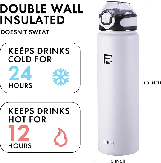 32 oz Insulated Water Bottle with Straw, Stainless Steel Metal Thermos Bottles, Durable Non-Slip Gradient Bottle with Strap for Sports and Travel, Leak Proof (White Matte)