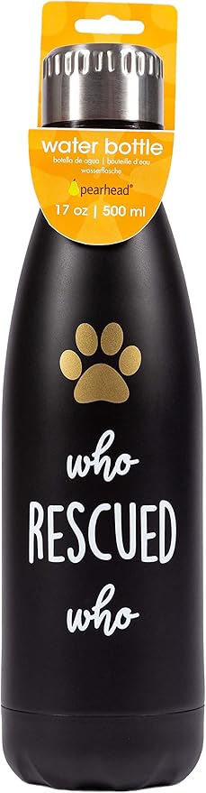 Pearhead Pet Who Rescued Who Double-Walled Stainless Steel Water Bottle, Workout Accessories, Pet Adoption Gifts, 16oz