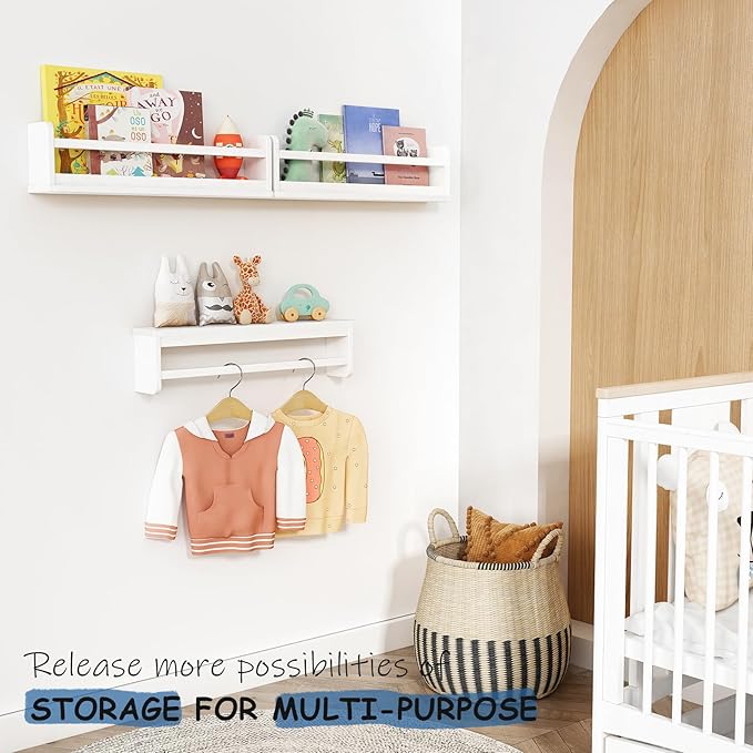 24 Inch Wide Bookshelf for Kids Room Wall Decor, Floating Nursery Book Shelves for Baby Children Teens Bedroom, Corner Hanging Bookshelves Wall Mounted for Classroom Library (White)