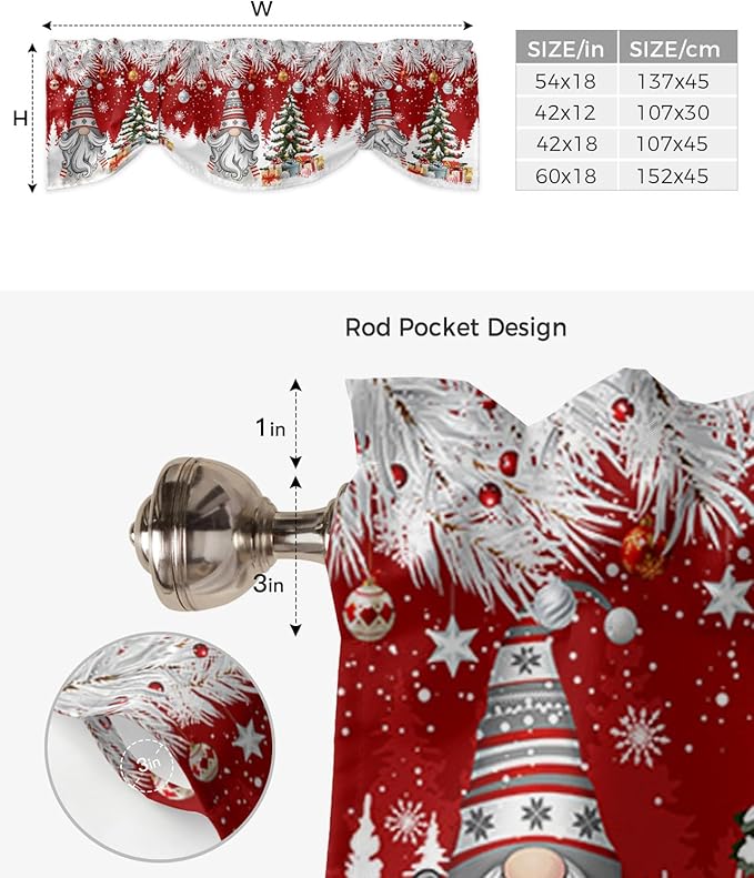Christmas Gnome Blackout Tie Up Valance Curtains for Kitchen Windows Winter Merry Christmas Tree Balls Window Toppers Balloon Shades for Living Room/Bathroom/Bedroom,1 Panel, 54" X 18", Red