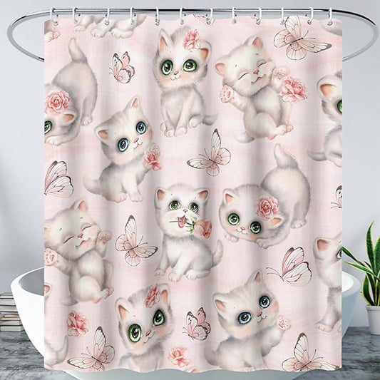 AILONEN Cat Kids Shower Curtain 72" W*84" H for Girls Teen,Kawaii Cat Butterfly Bath Curtain,Girls Pink Shower Curtain,Cat Lover Bathroom Curtain Decor Polyester Waterproof Curtain with 12 Hooks