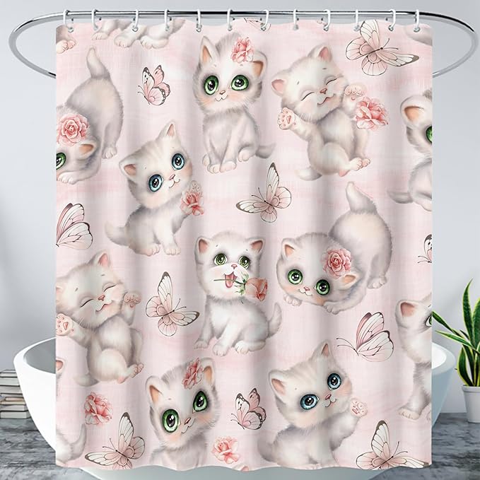 AILONEN Cat Kids Shower Curtain 48" W*72" H for Girls Teen,Kawaii Cat Butterfly Bath Curtain,Girls Pink Shower Curtain,Cat Lover Bathroom Curtain Decor Polyester Waterproof Curtain with 12 Hooks