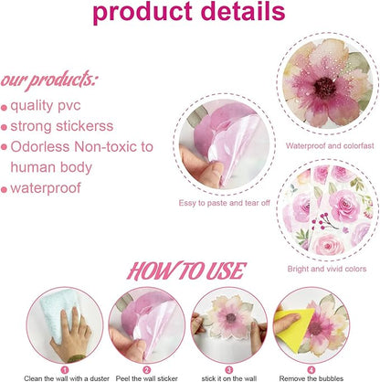 Pink Flower Wall Decals - Flower Peel and Stick Wall Stickers Vinyl Peony Floral Wall Stickers Pastel Flower Decor for Girls Bedroom Nursery Classroom Living Room (Pink Flower)