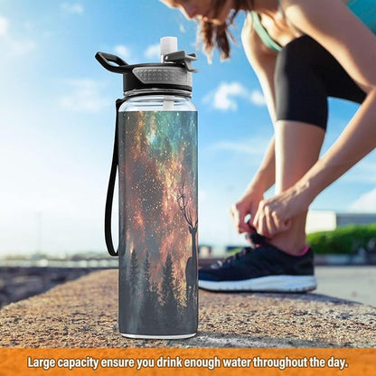 senya Magic Forest Deer Sport Water Bottle with Straw Tritan Clear Bottle for Outdoor Gym Travel