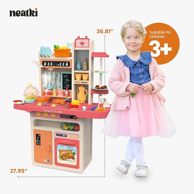 Kids Play Kitchen Set: 27.95 x 11.22 x 36.81 Inches, 65-Piece Toy Set, Functional Faucet, Steaming, Lights and Sound, Educational Toy with Kitchen Accessories, for Kids 3 and Up (Pink)