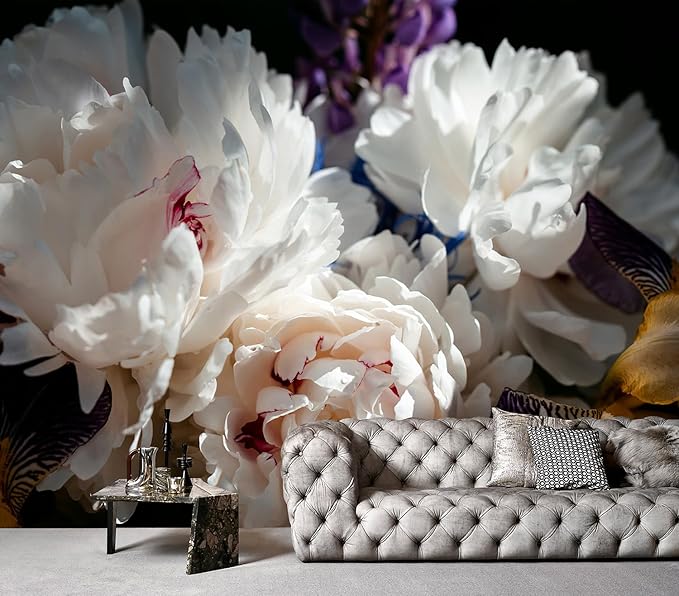 White Peony Flower and Black Background Wallpaper for Bedroom Wall Decor (Not Peel and Stick)