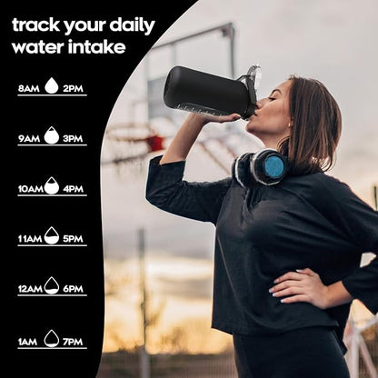 74 oz Glass Water Bolttles with Straw Large Motivational Water Bottle with Time Marker Sports Water Bottles with Silicone Sleeve and Handle Lid 2.2L Water Jug for Gym Workout