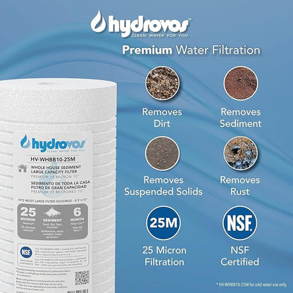 4.5 x 10 Inch Large Capacity Whole House Water Filter, NSF 42 Certified 25 Micron Sediment Filtration, Pack of 4
