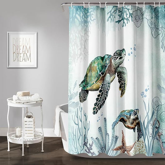 AILONEN Sea Turtle Shower Curtain for Bathroom Teal Blue Ocean Beach Coastal Bath Curtain Decor 72" W*72" H Polyester Fabric Waterproof Bathroom Curtain with 12 Hooks