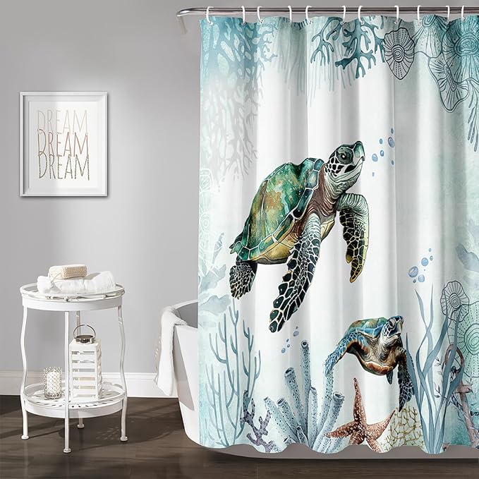 AILONEN Sea Turtle Shower Curtain for Bathroom Teal Blue Ocean Beach Coastal Bath Curtain Decor 72" W*78" H Polyester Fabric Waterproof Bathroom Curtain with 12 Hooks