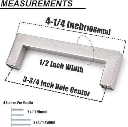 Probrico (10 Pack Kitchen Cabinet Handles 3-3/4" Holes Centers Stainless Steel Square Drawer Pulls Brushed Nickel 4-1/4" Overall Length