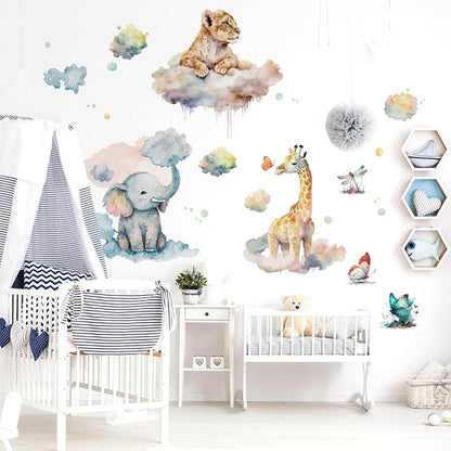 Watercolor Animals Wall Decals Elephant Lion Giraffe Wall Stickers Colorful Butterfly Clouds for Baby Boy Girl Room Decor Decals Peel and Stick Airplanes Kids Wall Stickers Nursery Decor