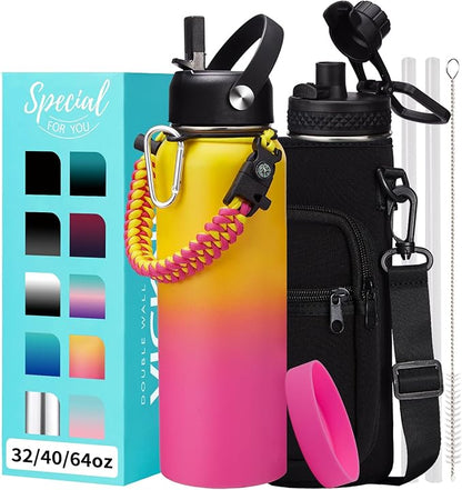 40 oz Water Bottle with Straw - Stainless Steel Water Bottles Insulated w/Auto Spout Lid, Strap Carrying Case, Paracord Handle, Silicone Boot, Triple Wall Metal Water Flask Thermo Mug Keep Cold Hot