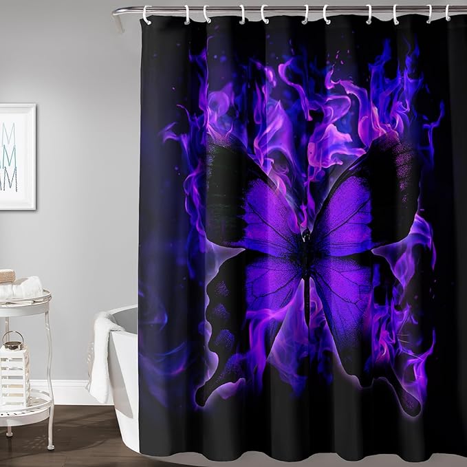 AILONEN Butterfly Shower Curtain for Bathroom, Purple Fire Butterfly Bath Curtain,Minimalism Fashion Bathroom Curtain,36" W*72" H Polyester Waterproof with 12 Plastic Hooks