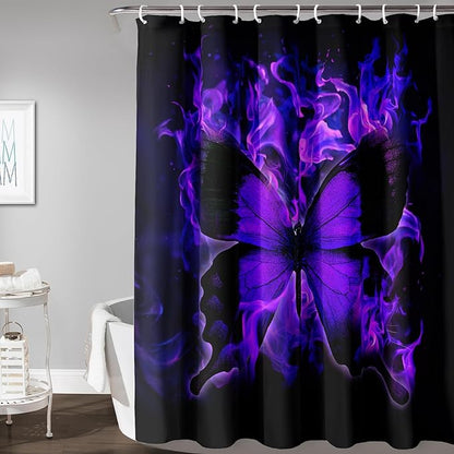 AILONEN Butterfly Shower Curtain for Bathroom, Purple Fire Butterfly Bath Curtain,Minimalism Fashion Bathroom Curtain,72" W*78" H Polyester Waterproof with 12 Plastic Hooks