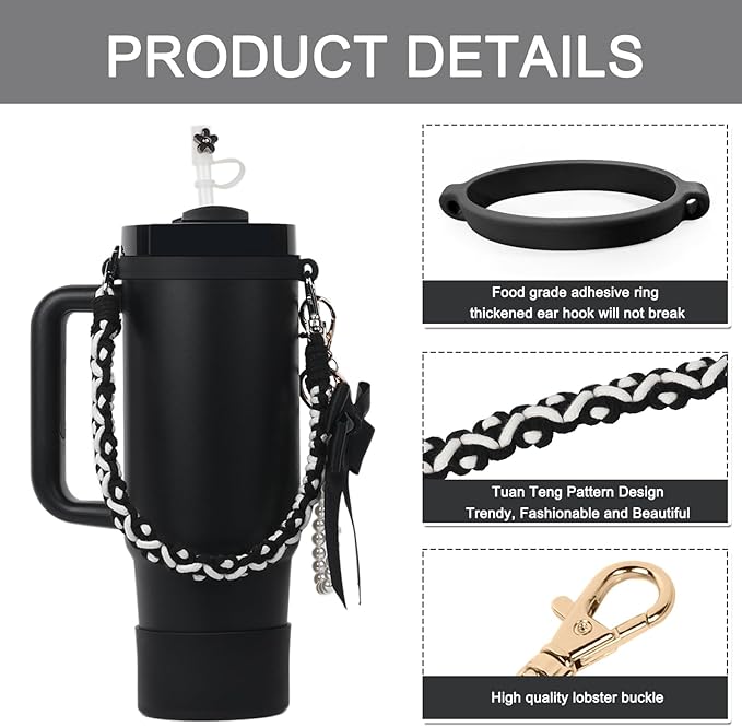 BELSITA Stanley Cup Accessories Set, Bow Pearl Chain Braided Design Water Bottle Handle Strap, Silicone Stanley Cup Boot, Stanley Charms for Stanley Cup 30/40oz Tumble (Black)
