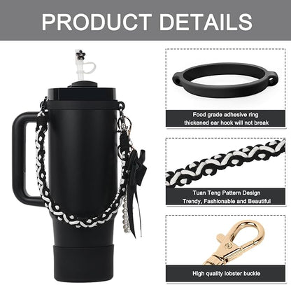 BELSITA Stanley Cup Accessories Set, Bow Pearl Chain Braided Design Water Bottle Handle Strap, Silicone Stanley Cup Boot, Stanley Charms for Stanley Cup 30/40oz Tumble (Black)