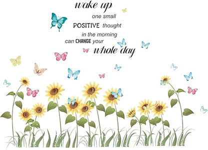 CREATCABIN 4pcs Sunflower Vinyl Wall Decals Butterfly Inspirational Quotes Wall Stickers Self-Adhesive Peel and Stick Watercolor Mural Decoration for Bedroom Living Room Kitchen Wardrobe Door Playroom