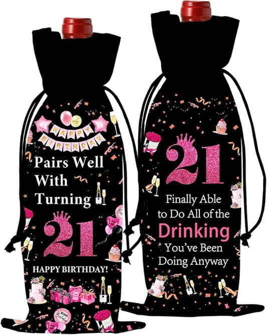 21st Birthday Gifts for Her Him Wine Bag, 21 Year Old Birthday Gifts for Her, Happy 21st Birthday Party Decorations for Her Him, Pairs Well with Turning 21 Wine Bags (Black Pink)