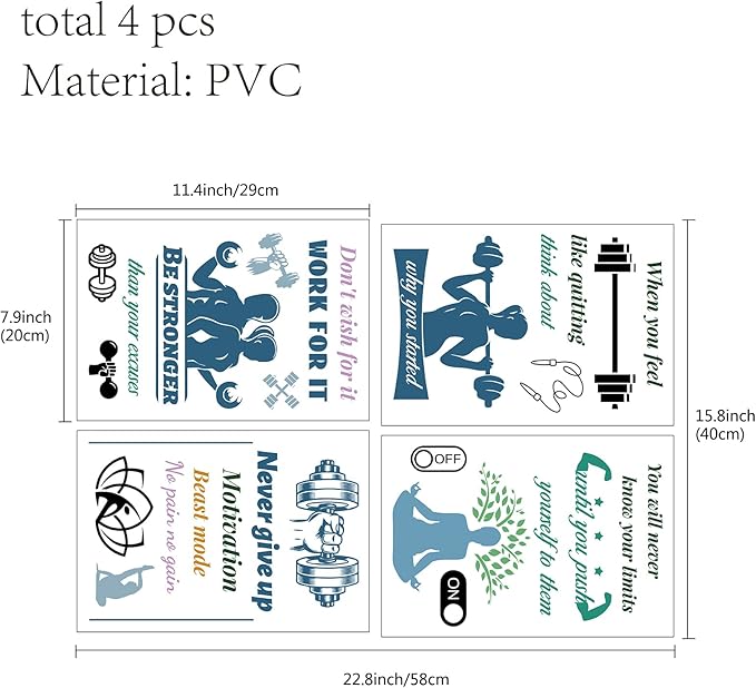 CREATCABIN 4pcs Gym Vinyl Wall Decals Weightlifting Exercise Inspirational Quotes Wall Stickers Self-Adhesive Peel and Stick Mural Decoration for Gym Yoga Studio Exercise Fitness Window Door Playroom