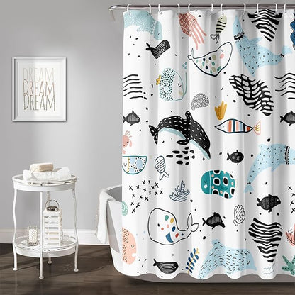 AILONEN Cute Cartoon Dolphin Shower Curtain,Kawaii Ocean Animal Dolphin Bath Curtain Set for Kids Girls Boys,Blue Dolphin Silhouette Fabric Shower Curtains for Bathroom, 48" W*72" H