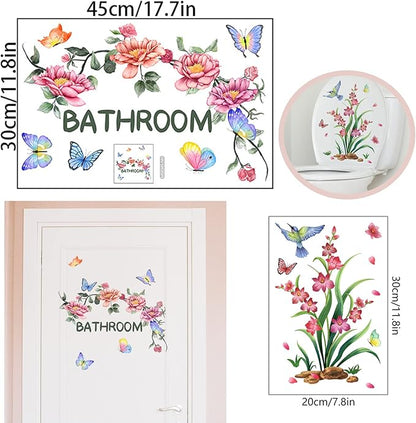 2 Sets Bathroom Decor Wall Stickers, Peony Roses Wall Stickers Floral Wall Decals, Watercolor Flowers Lily Daisy Butterfly Dragonfly Bird Wall Stickers for Bathroom Bedroom Living Room