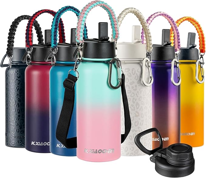40 oz Insulated Water Bottle with Paracord Handles & Strap, 2 Lids(Straw Lid&Spout Lid), Stainless Steel Reusable Wide Mouth Metal Water Bottle With Straw, Double Walled, Thermo Mug(Rubber Pink)