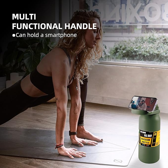 50oz/1.5L Insulated Sports Water Bottle, Stainless Steel Double Wall Water Jug with Handle, 2-in-1 Chug Spout and Straw Lid with Lock Cover for School, Outdoor, Sports & Travel, Army Green