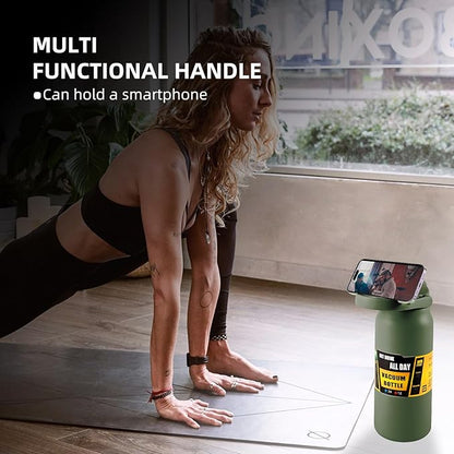 50oz/1.5L Insulated Sports Water Bottle, Stainless Steel Double Wall Water Jug with Handle, 2-in-1 Chug Spout and Straw Lid with Lock Cover for School, Outdoor, Sports & Travel, Army Green