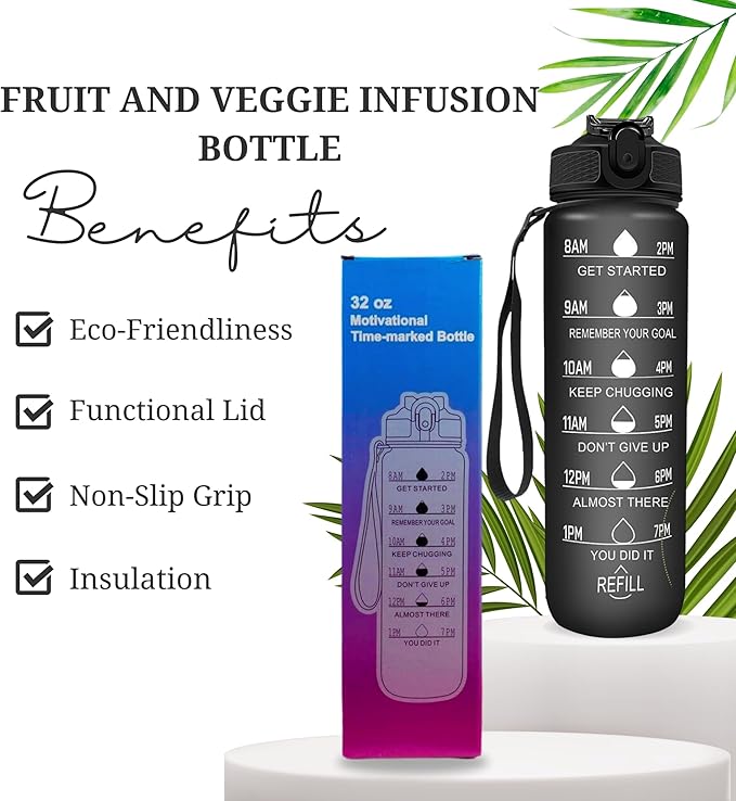 Leakproof Water Bottle with Straw & Lid - 32oz Motivational BPA Free Water Bottle with Time Markings & Straw Lid for Sports & Outdoors - Ensure Hydration with Leakproof Bottle and Straw