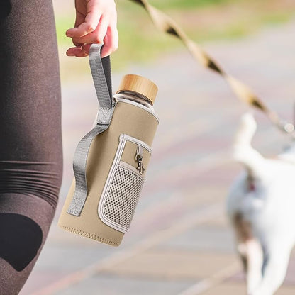 48 oz Sports Borosilicate Glass Water Bottle with Bamboo Lid with Neoprene Sleeve