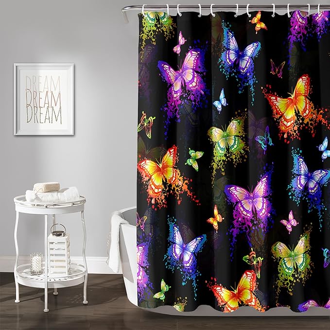 AILONEN Butterfly Shower Curtain for Bathroom, Colorful Butterfly Polyester Waterproof Bath Curtain,Modern Fashion Minimalist Shower Curtain with 12 Plastic Hooks,Black 72" W*96" H