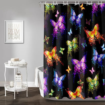 AILONEN Butterfly Shower Curtain for Bathroom, Colorful Butterfly Polyester Waterproof Bath Curtain,Modern Fashion Minimalist Shower Curtain with 12 Plastic Hooks,Black 72" W*84" H