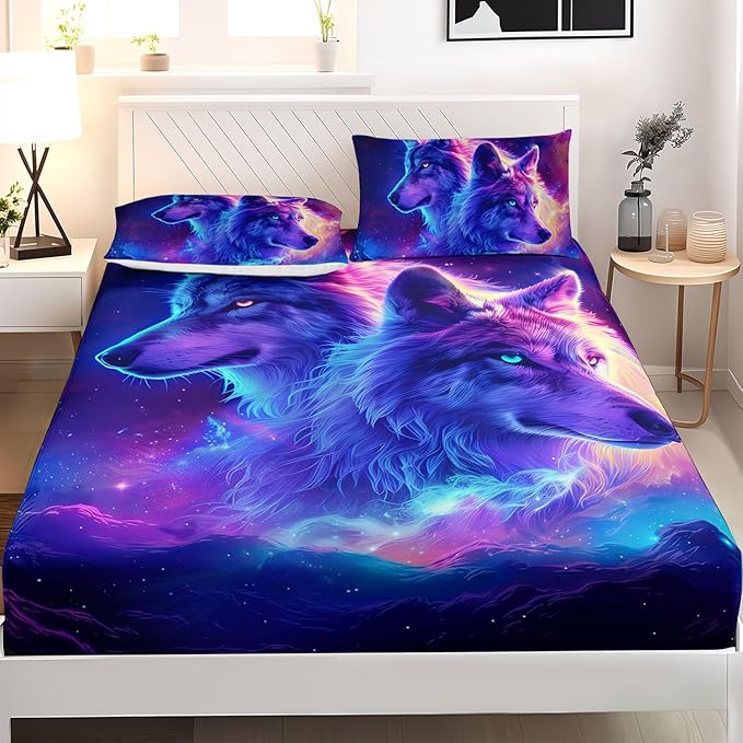 AILONEN Wolf Fitted Sheet Set Twin Size for Boys,Purple Galaxy Wolf Bed Sheet Set for Kids Teen, 3 Pieces Safari Wolf Sheet Set,Starry Wolves Fitted Sheet with 2 Pillowcases