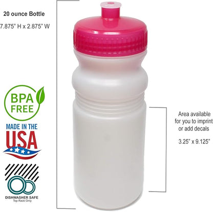 Rolling Sands 20 Ounce Sports Water Bottles 24 Pack, BPA-Free, Made in USA, Dishwasher Safe, Clear Frost Bottles/Pink