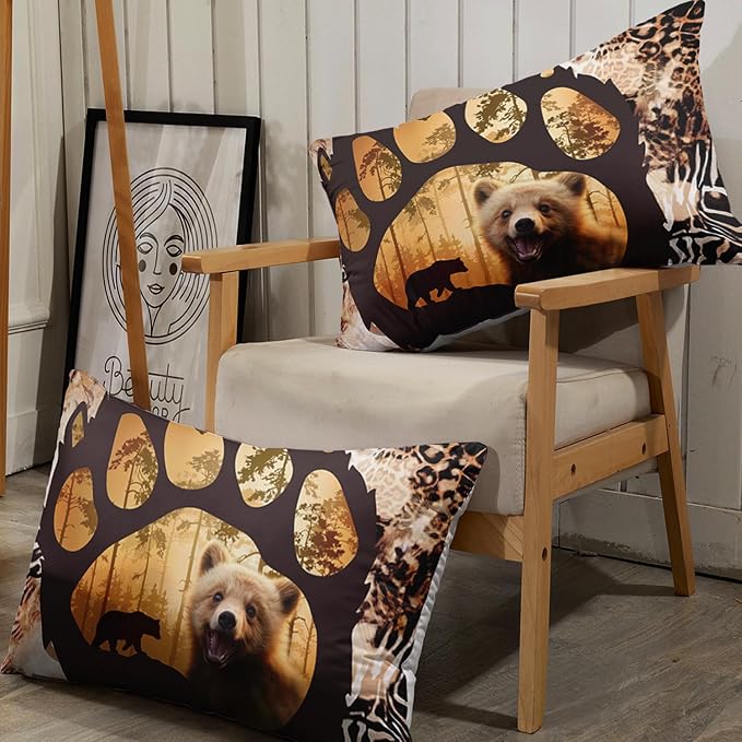 AILONEN Cute Bear Twin XL Fitted Sheet Set for Girls Boys, Bear Paw Sheet Leopard Print Fitted Sheet with 2 Pillowcases,3 Pieces Rustic Vintage Bear Bed Sheet Set