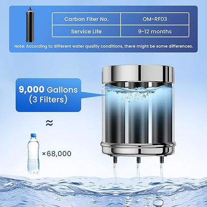 3.25G Gravity Water Filter System, NSF/ANSI 42&372 Standard, 304 Stainless Steel Countertop System with 3 Carbon Filters and Stand, Reduce 99% Chlorine and Lead