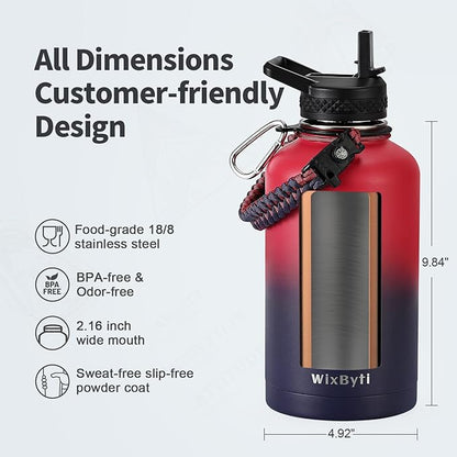64 oz Insulated Water Bottle with Straw (Cold for 48 Hrs), Half Gallon Stainless Steel Triple Wall Vacuum Sports Water Jug, Leakproof Hydro Cup Flask with Straw Spout Lids & DIY Stickers