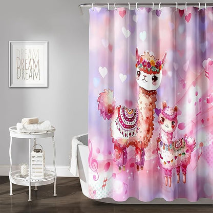 AILONEN Kawaii Llama Shower Curtain for Kids Girls,Watercolor Llama Alpaca Theme Bath Curtain,Boho Llama Hearts Print Pink Shower Curtain Waterproof for Bathroom with 12 Plastic Hooks, 72" W*78" H