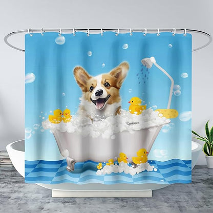 AILONEN 3D Bathtub Dog Shower Curtain for Kids 72" W*72" H Kawaii Shower Puppy and Bathtub Yellow Duck Shower Curtain,Polyester Waterproof Fabric Decor for Bathroom Bathtub Panels