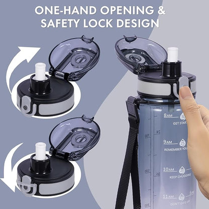 32 oz Water Bottle with Detachable Straw, Clear Motivational Water Bottles with Time to Drink, Tritan & BPA Free Sports Water Jug with Time Marker, Upgraded handle design