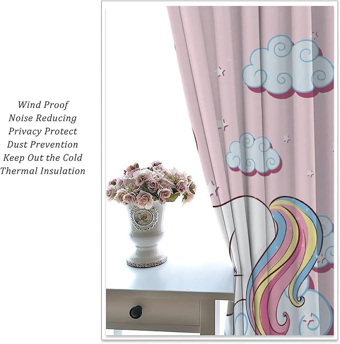 Unicorn Curtain for Kids Bedroom,Pink Cartoon Rainbow Darkening Curtains Decor Sliding Curtains Decorative Curtains for Girls Boys Baby Room,Living Room Decoration 63x72inch