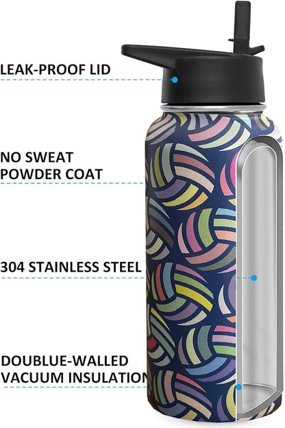 32 oz Volleyball Water Bottle Insulated Vacuum Stainless Steel Sports Water Bottle with 2 Lids (Straw and Spout Lid) for Gym Camping Hiking