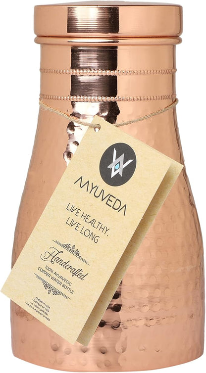 AAYUVEDA® Hammered Pure Copper Bedroom Water Bottle 34oz, with In-Built Tumbler (Loose Lid, Pack of 1)