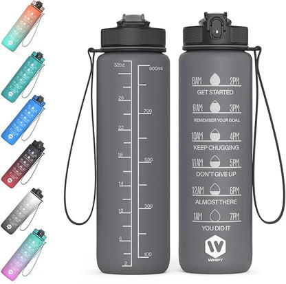 32 oz Water Bottle with Time Marker- Leak-Proof & BPA Free Reusable Gym Water Bottle - Easy to Carry Motivational Water Bottle for Fitness, Sports, Outdoor, (Gray with covered lid)
