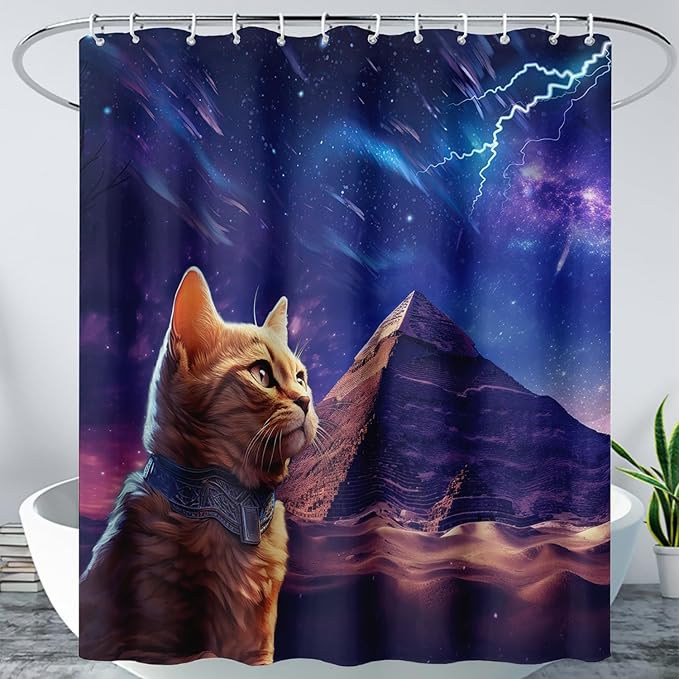 AILONEN Cat Shower Curtain,Blue Galaxy Lightning Pyramid Pet Cat Bath Curtain Gifts for Cat Lover,Polyester Waterproof for Bathroom,72" W*72" H with 12 Plastic Hooks