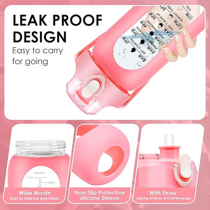 32 oz Glass Water Bottle with Time Marker - 1000ml Large Sports Motivational Water Bottles with Handle & Silicone Case, 1 Liter Leak-proof Measured Drinking Bottle for Gym Fitness Workout (Pink)