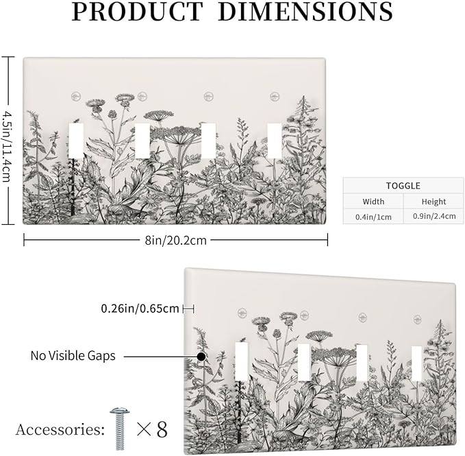 Vintage Grey Floral Herbs Wild Flowers Botanical Quad Toggle Boho Light Switch Covers Decorative Country Unique 4 Gang Wall Plate Electrical Faceplate Switchplate for Bedroom Decor