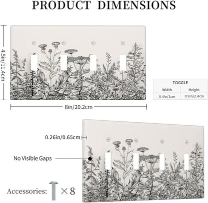 Vintage Grey Floral Herbs Wild Flowers Botanical Quad Toggle Boho Light Switch Covers Decorative Country Unique 4 Gang Wall Plate Electrical Faceplate Switchplate for Bedroom Decor